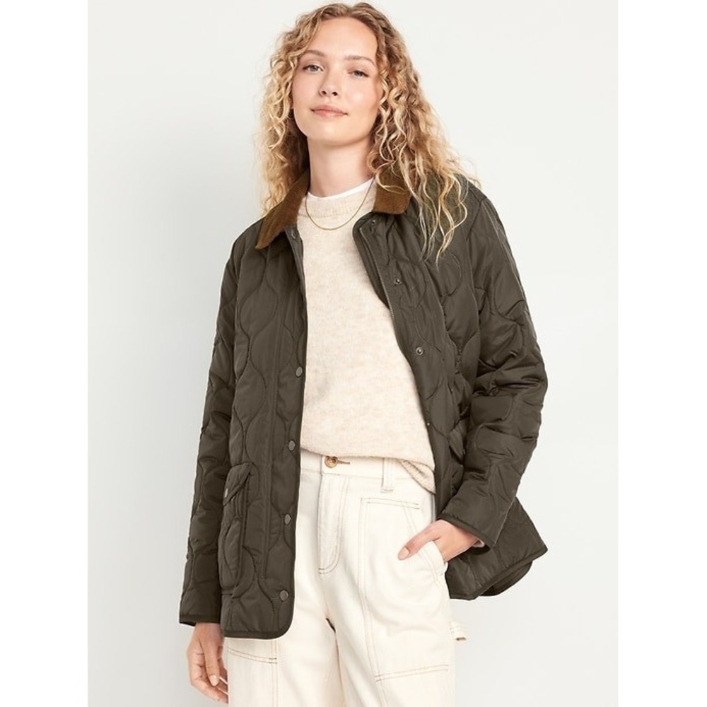Old Navy Womens Large Quilted Barn Jacket Olive Green Corduroy Collar Chore Coat